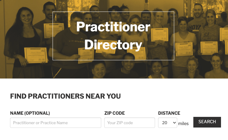 Image of a Heading "Practitioner Directory" with people holding course certificates in the background. Below the image, the form to search for practitioners near you is presented.